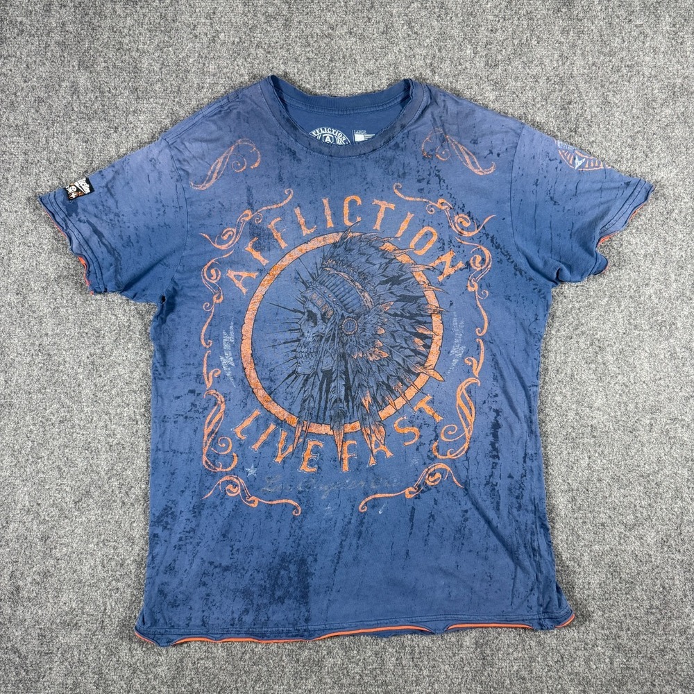 Affliction Live Fast T Shirt Indian Native Skull Dbl Sided Distressed Blue Large